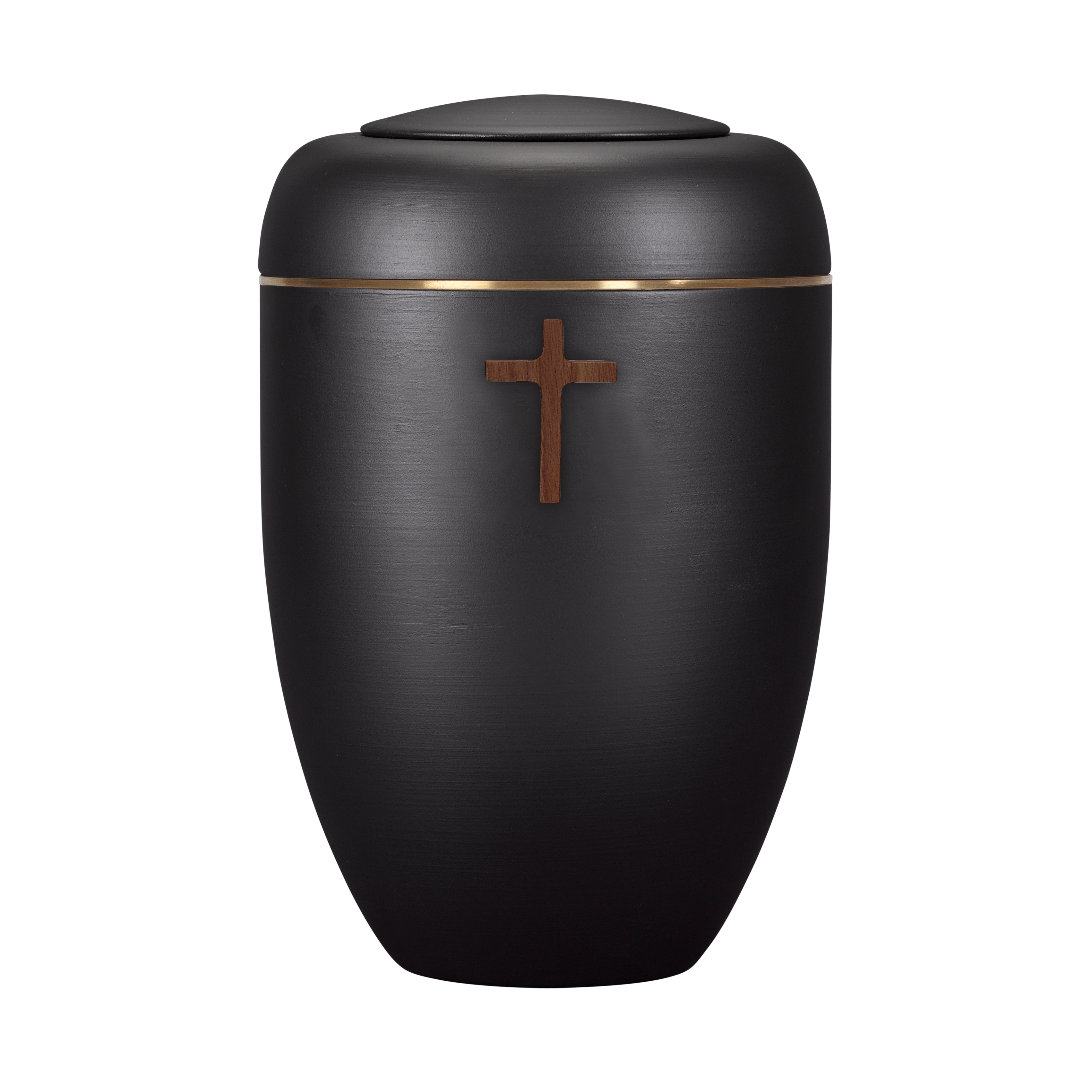 Schwarze Symbol-Urne mit Holzkreuz und Messingscheibe